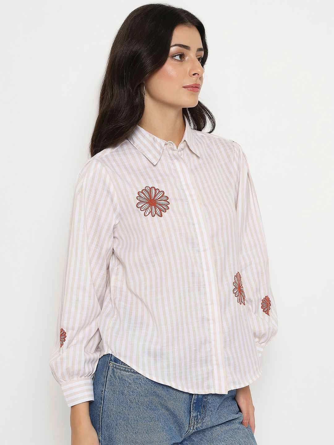 Ultra Soft Interior Abstract print Madame Floral Embroidery Beige Striped Shirt