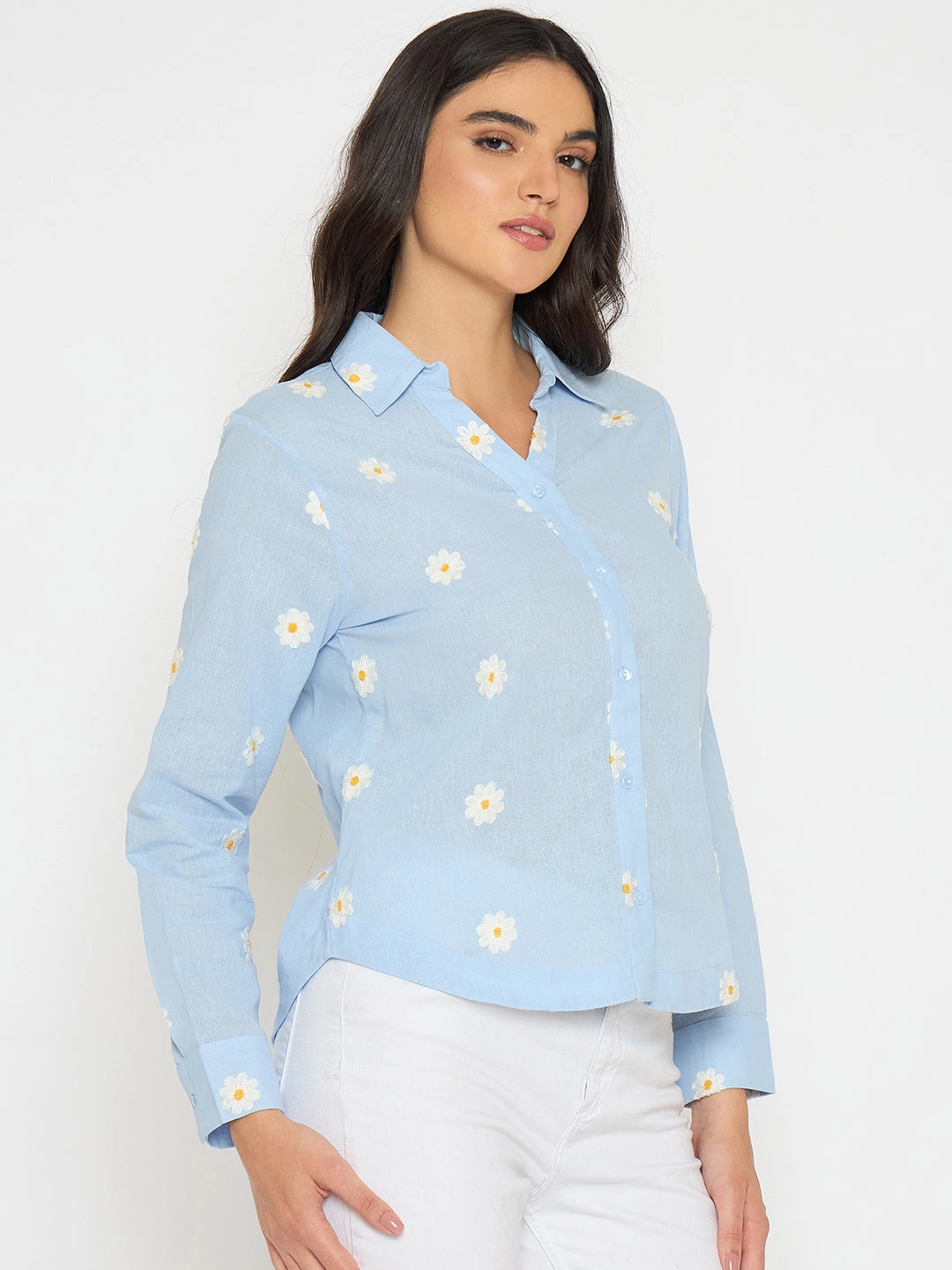 Embroidered Logo Current Style Madame Floral Embroidery Blue Cotton Shirt