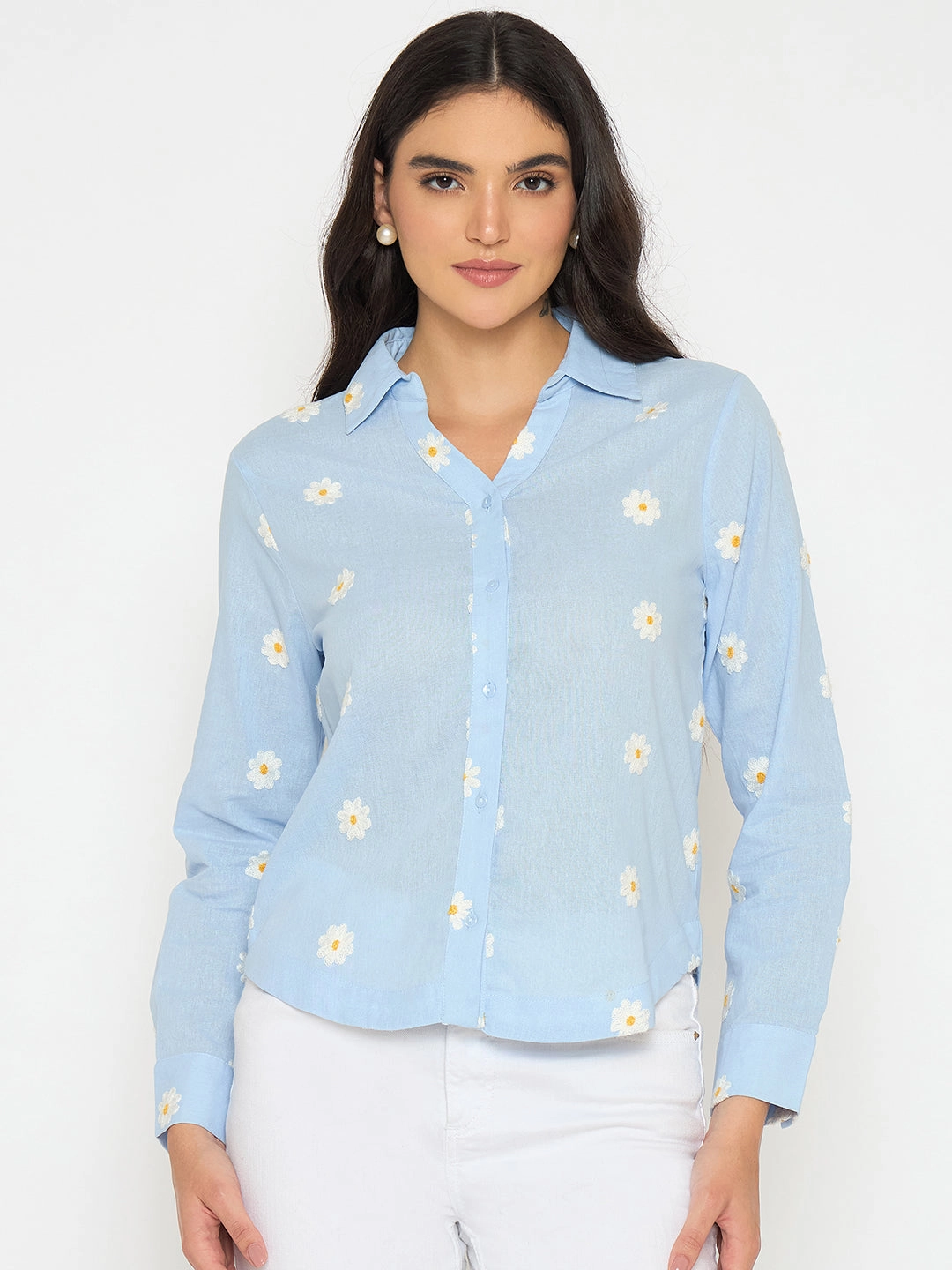 Everyday Essential Eco Friendly Production Madame Floral Embroidery Blue Cotton Shirt