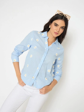 Stylish Appearance Madame Floral Embroidery Blue Cotton Shirt