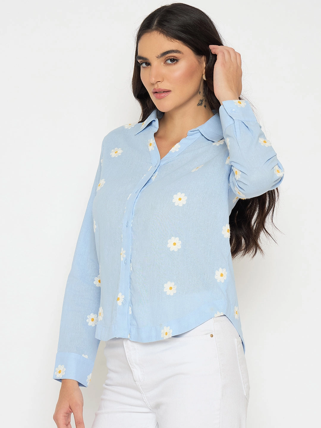 Madame Floral Embroidery Blue Cotton Shirt Warm Layers handmade touch