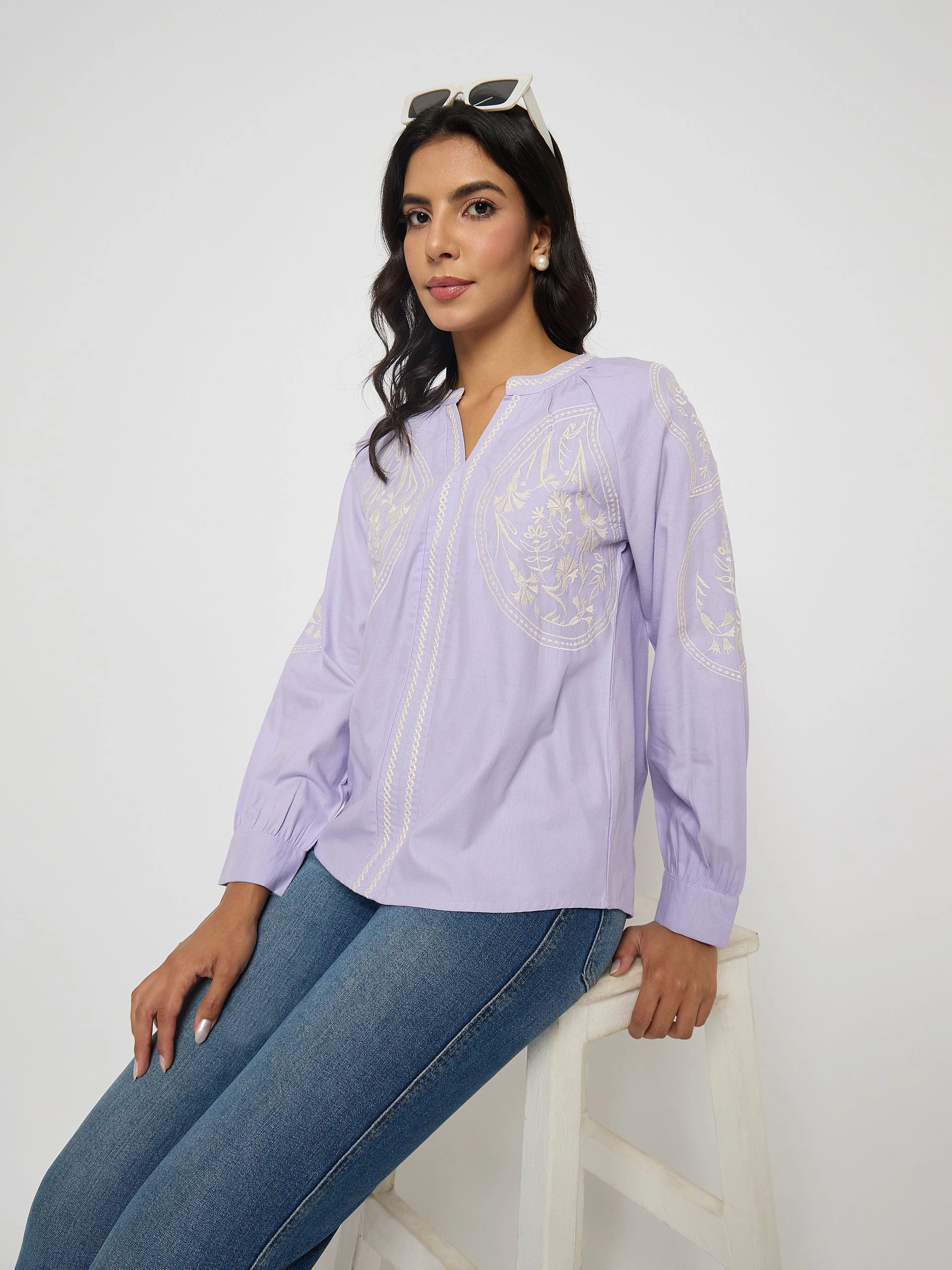 Madame Floral Embroidery Lilac Viscose Blend Top Low Profile Collar Hypoallergenic Fiber