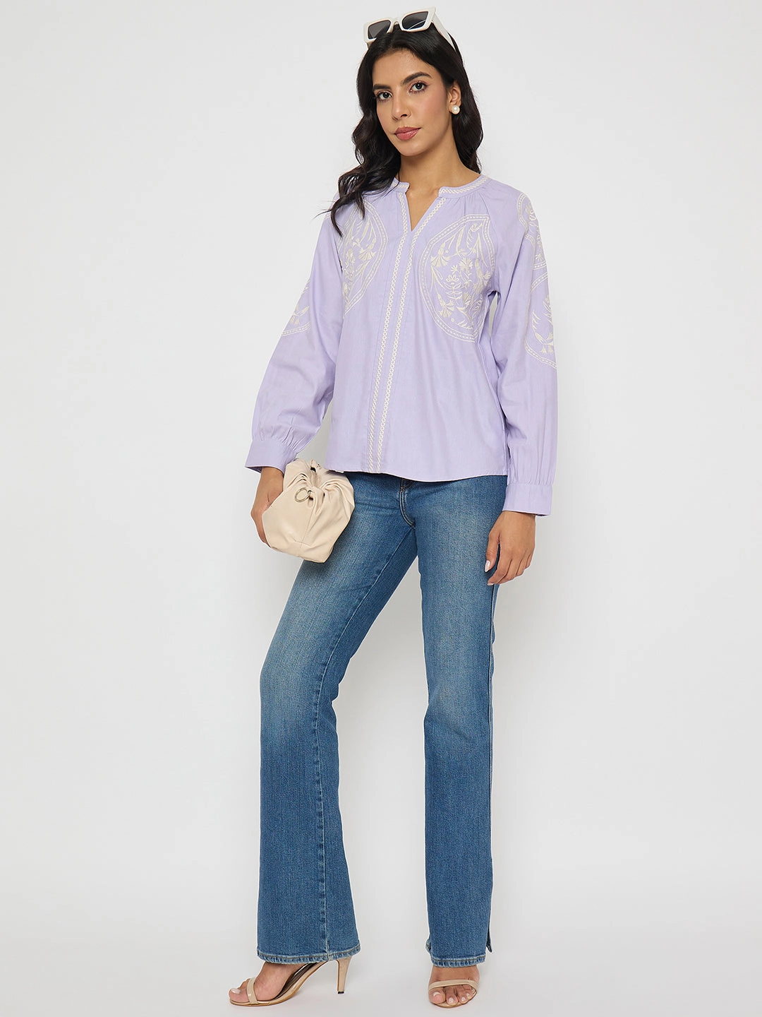 Madame Floral Embroidery Lilac Viscose Blend Top Basic Tank Non Restrictive Cut