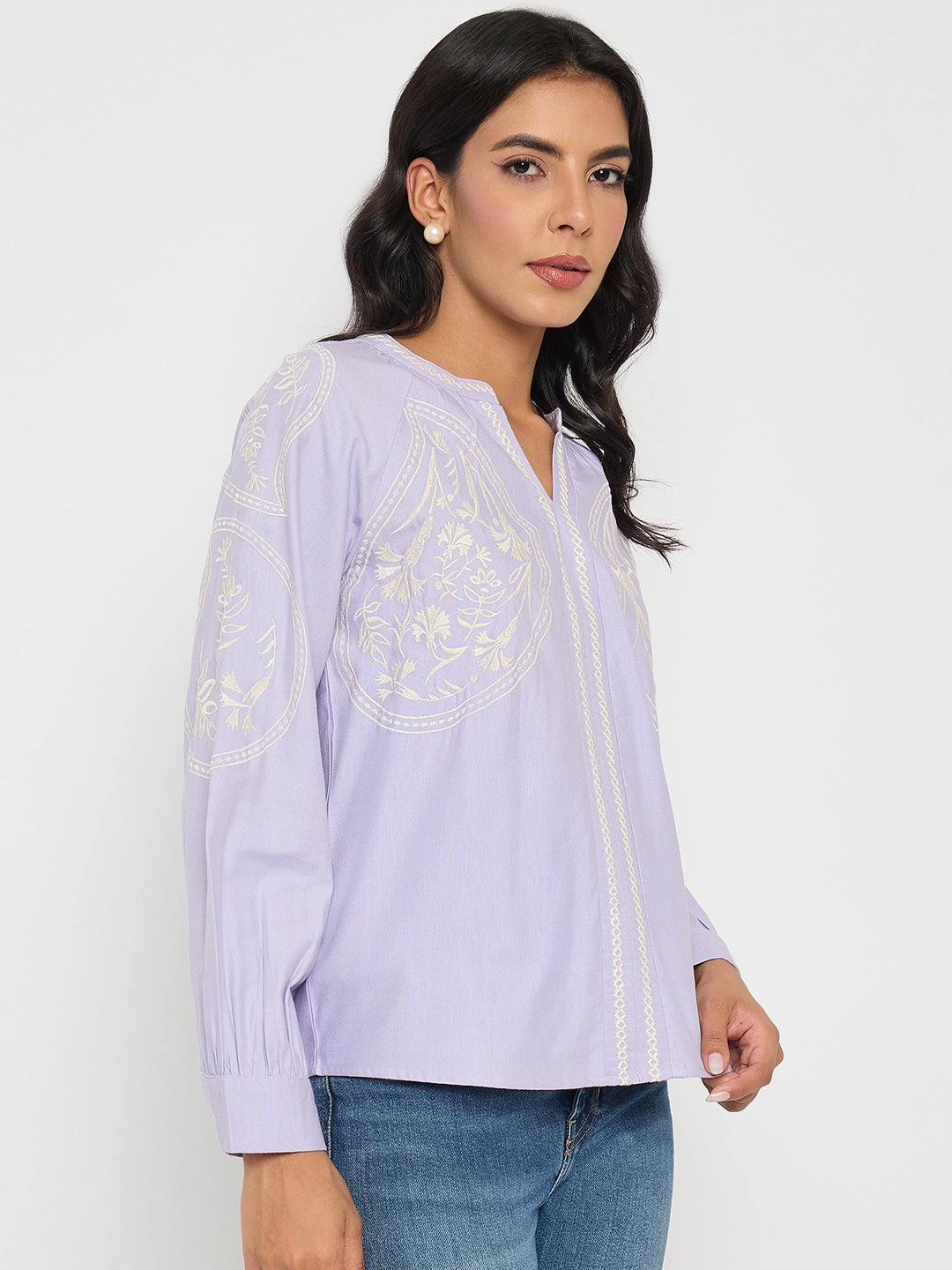 Low Profile Zipper Closure Yarn Dyed Pattern Cloth Madame Floral Embroidery Lilac Viscose Blend Top