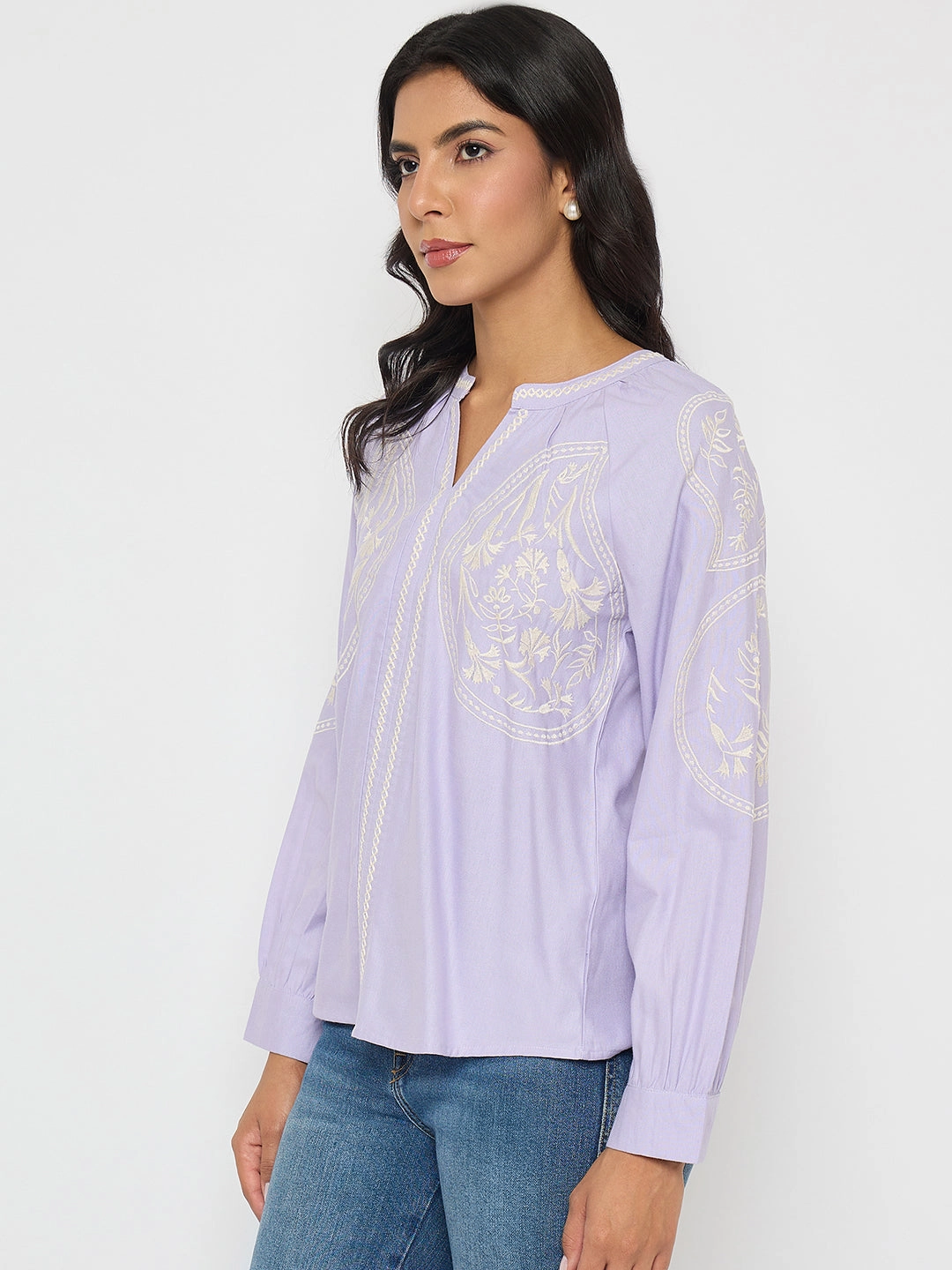 Madame Floral Embroidery Lilac Viscose Blend Top OEKOTEX Certified Fabric NonChafing Fabric