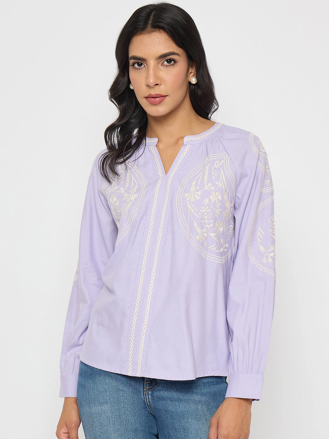 Soft Touch Blend Madame Floral Embroidery Lilac Viscose Blend Top