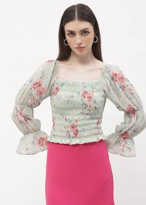 Madame Floral Mint Green Smocked Top VNeckReinforcement NonToxicCoating