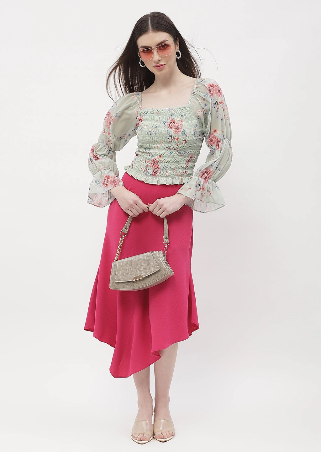 Stretchable Knit Madame Floral Mint Green Smocked Top