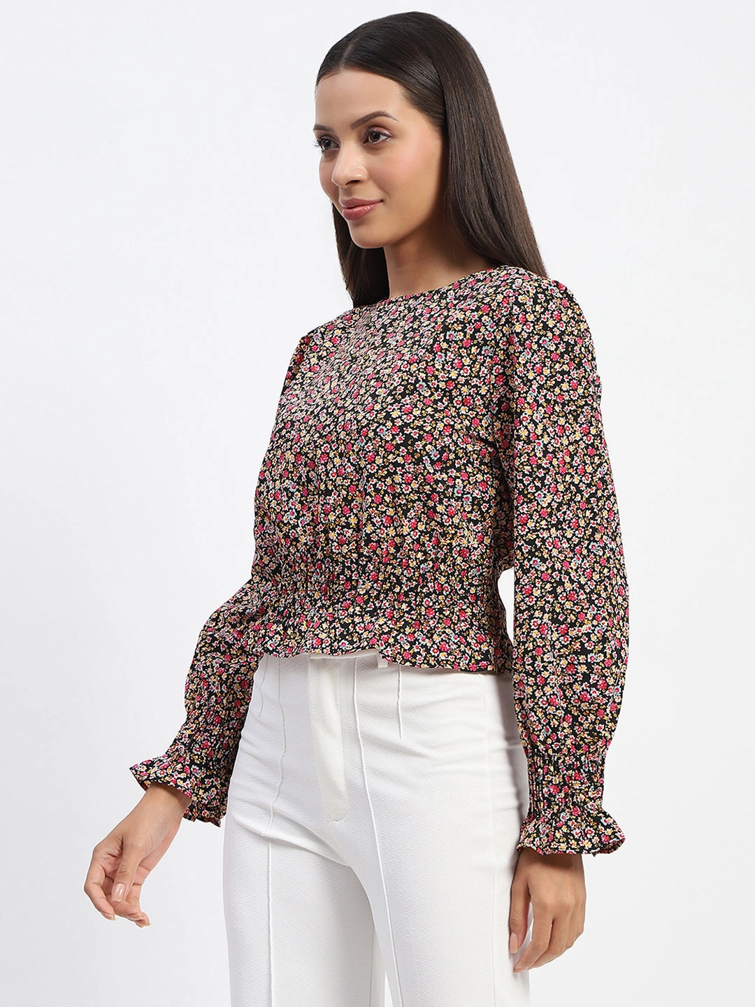 BreathableMaterial Madame Floral Print Cinch Waist Black Top