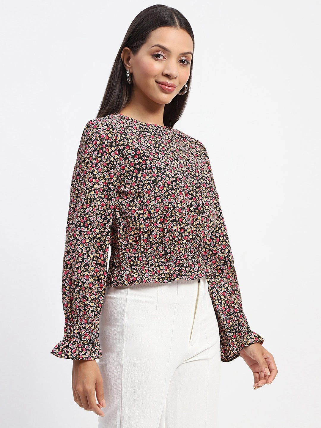 Sporty Sweatshirt Madame Floral Print Cinch Waist Black Top