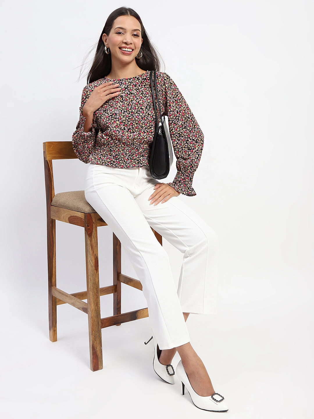 Contrast Topstitching Detail Madame Floral Print Cinch Waist Black Top