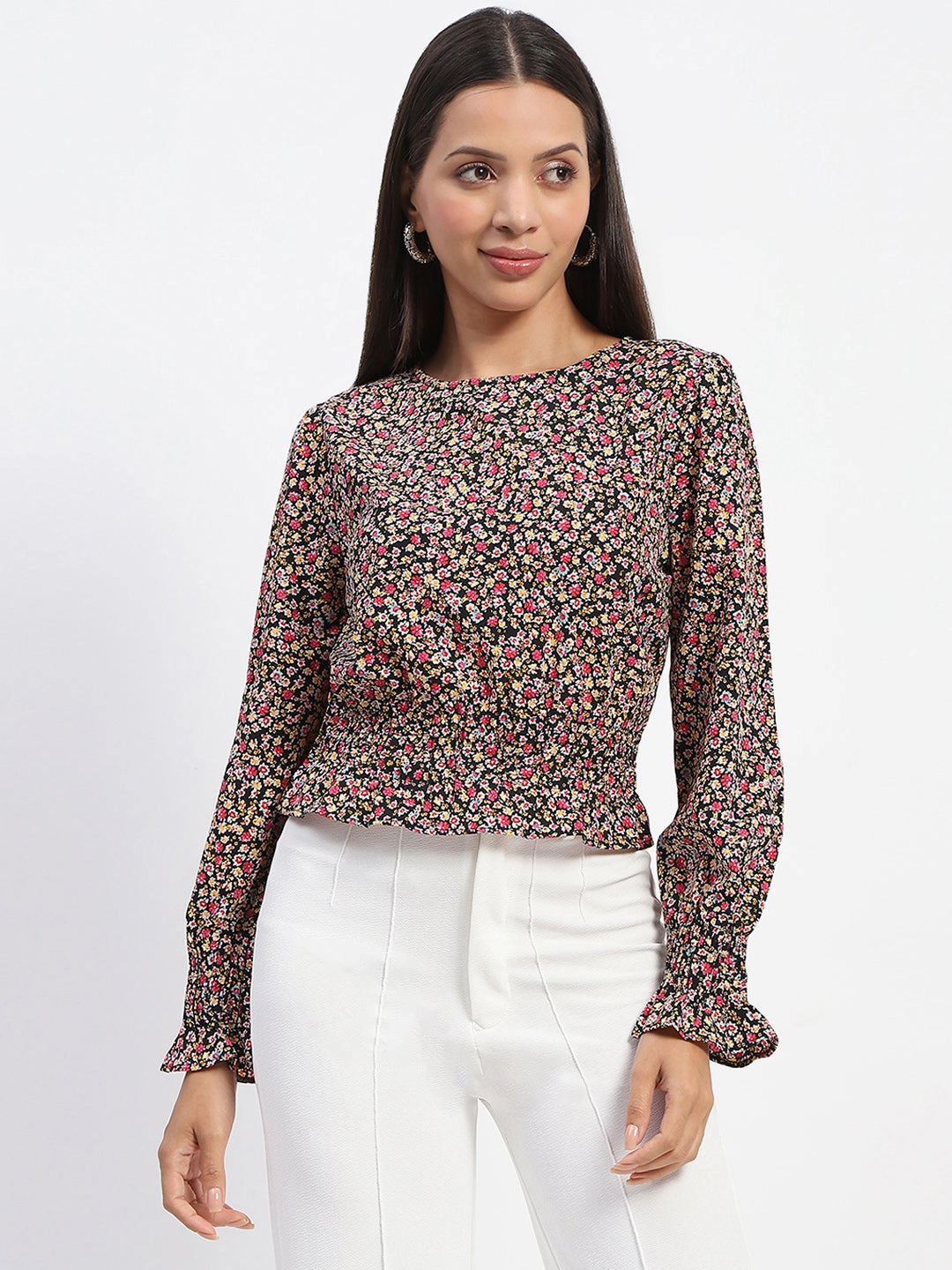 Madame Floral Print Cinch Waist Black Top Temperature Control Technology Versatile Base Layer