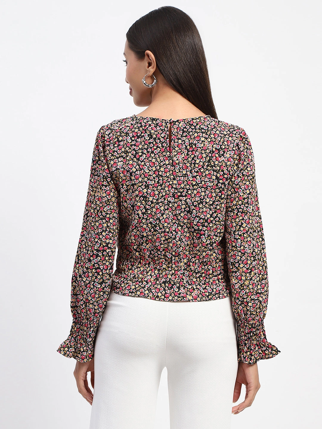 Madame Floral Print Cinch Waist Black Top Reflective Accent Trim