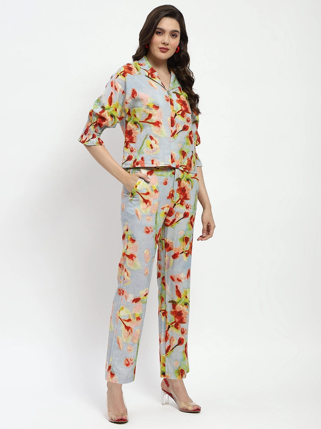Heart Glow Winter Proof Madame Floral Print Cotton And Linen Teal Co-Ord Set