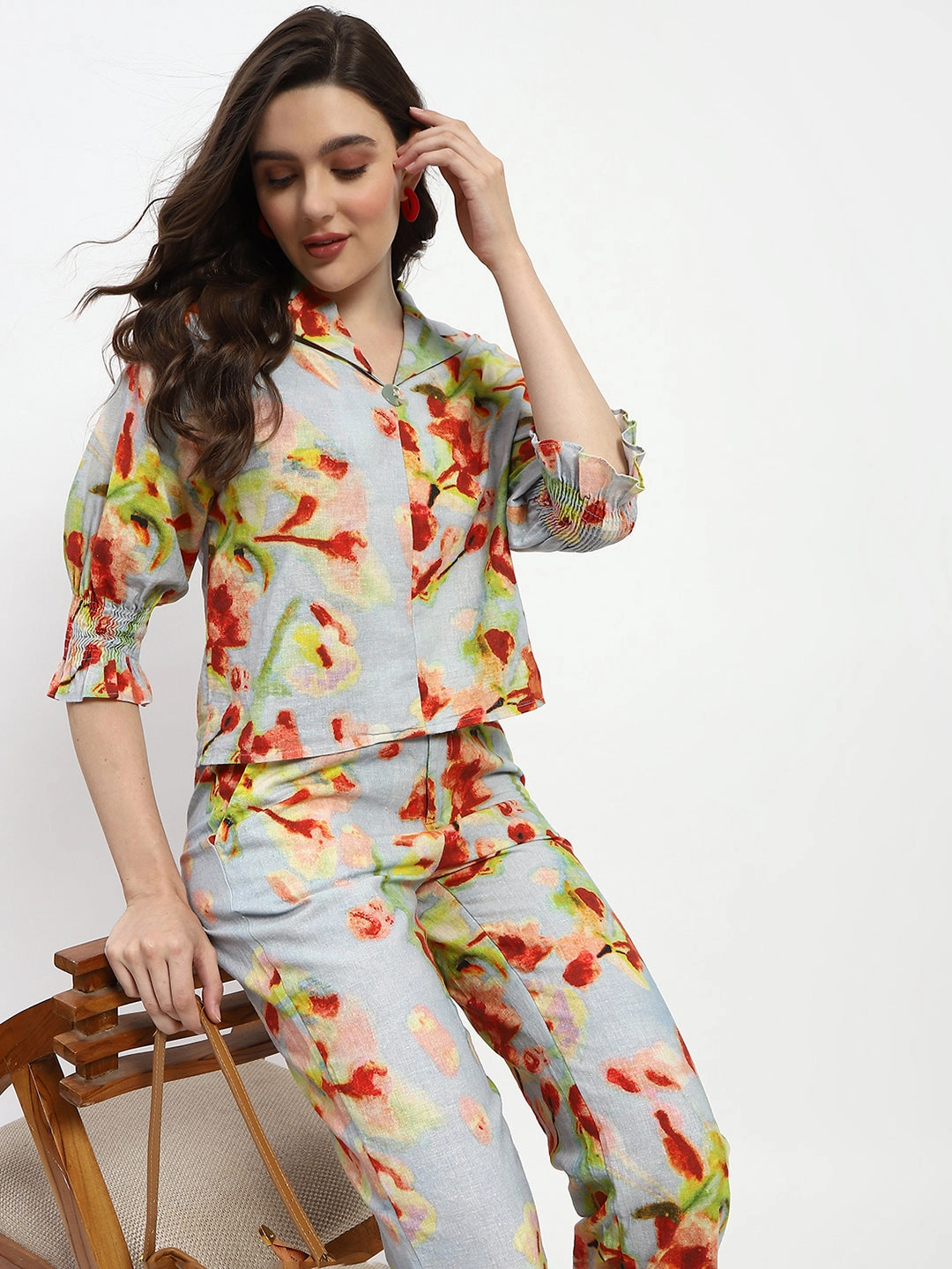 Madame Floral Print Cotton And Linen Teal Co-Ord Set Calm Movement Day Outfit