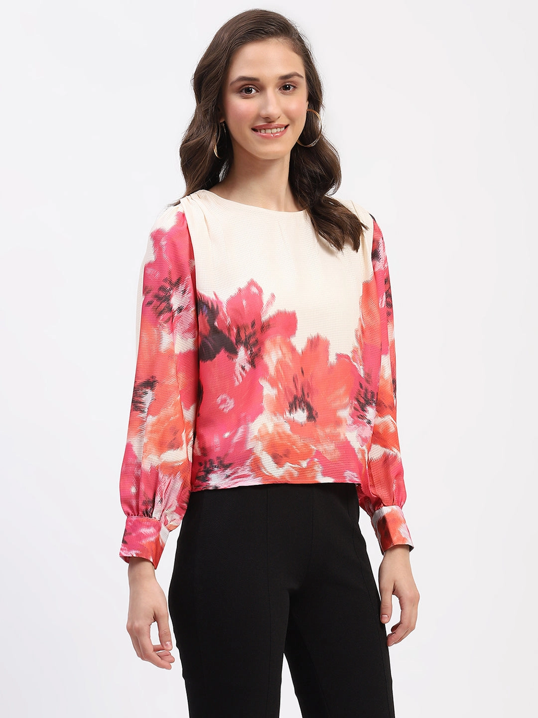 Midweight Texture Torsion Support Structure Madame Floral Print Cuff Sleeve Beige Top