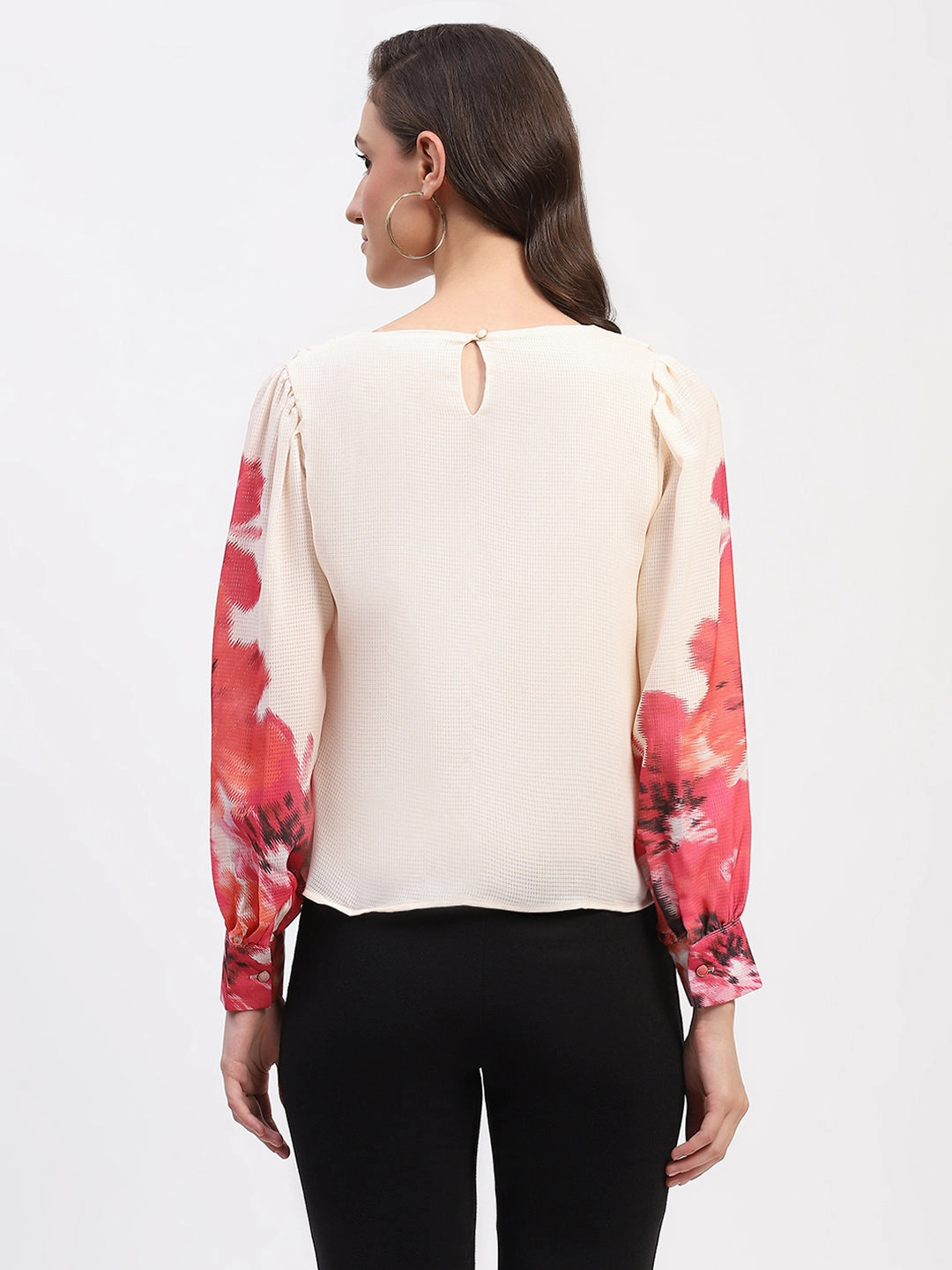 AirflowOptimized Design Ergonomic Shoulder Cut Madame Floral Print Cuff Sleeve Beige Top
