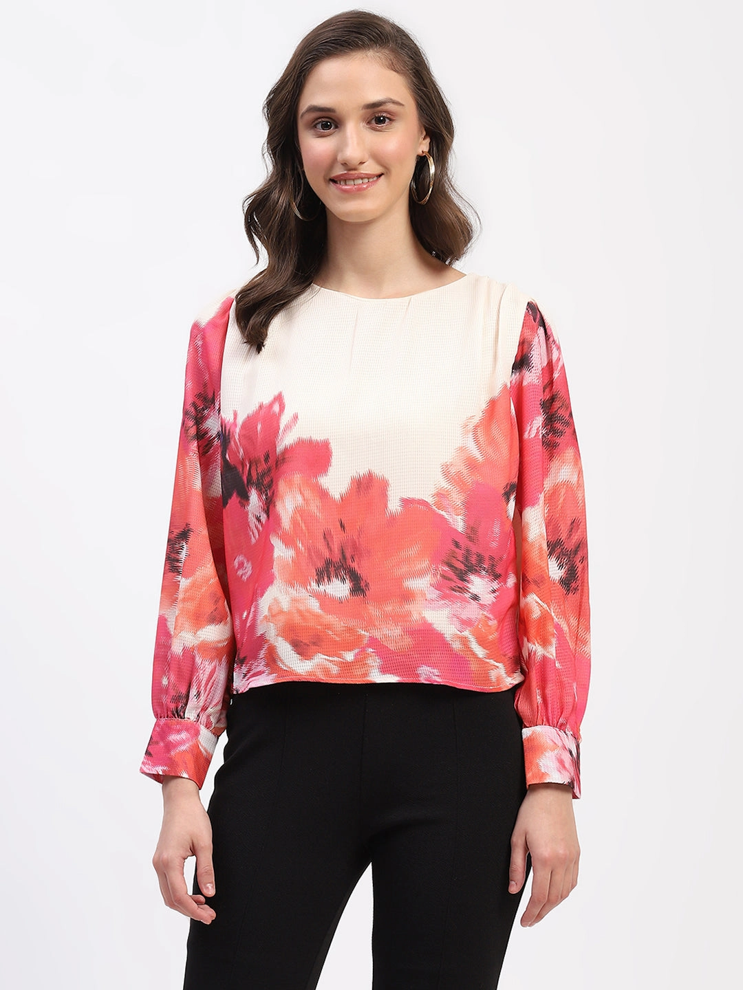 SlimFit MoistureWicking Madame Floral Print Cuff Sleeve Beige Top