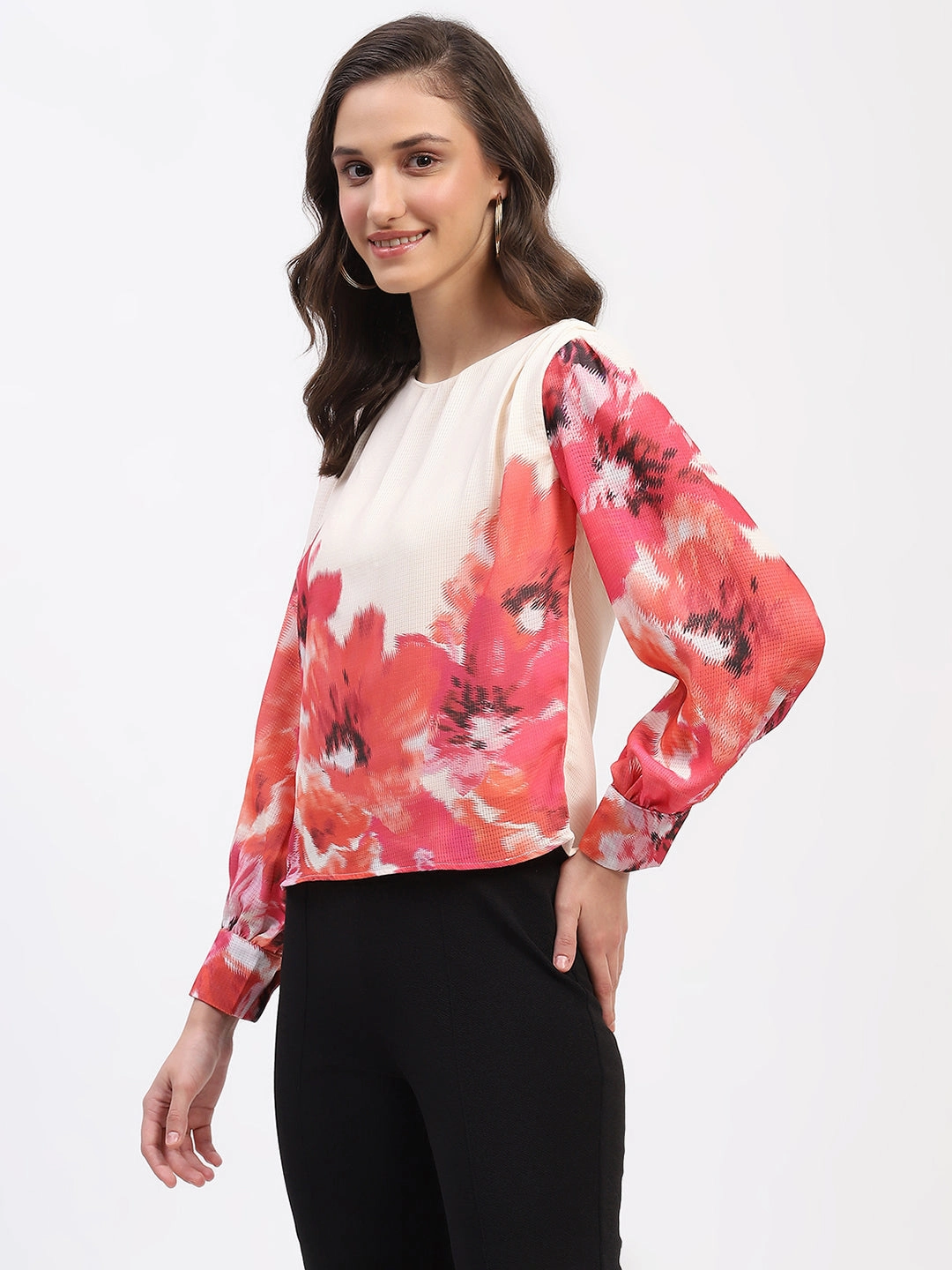 Madame Floral Print Cuff Sleeve Beige Top Fleece Pullover