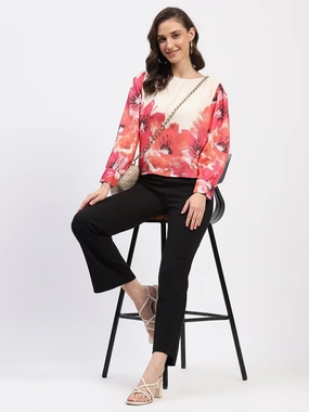 AntiBacterial Coating ThermalRegulationLayer Madame Floral Print Cuff Sleeve Beige Top
