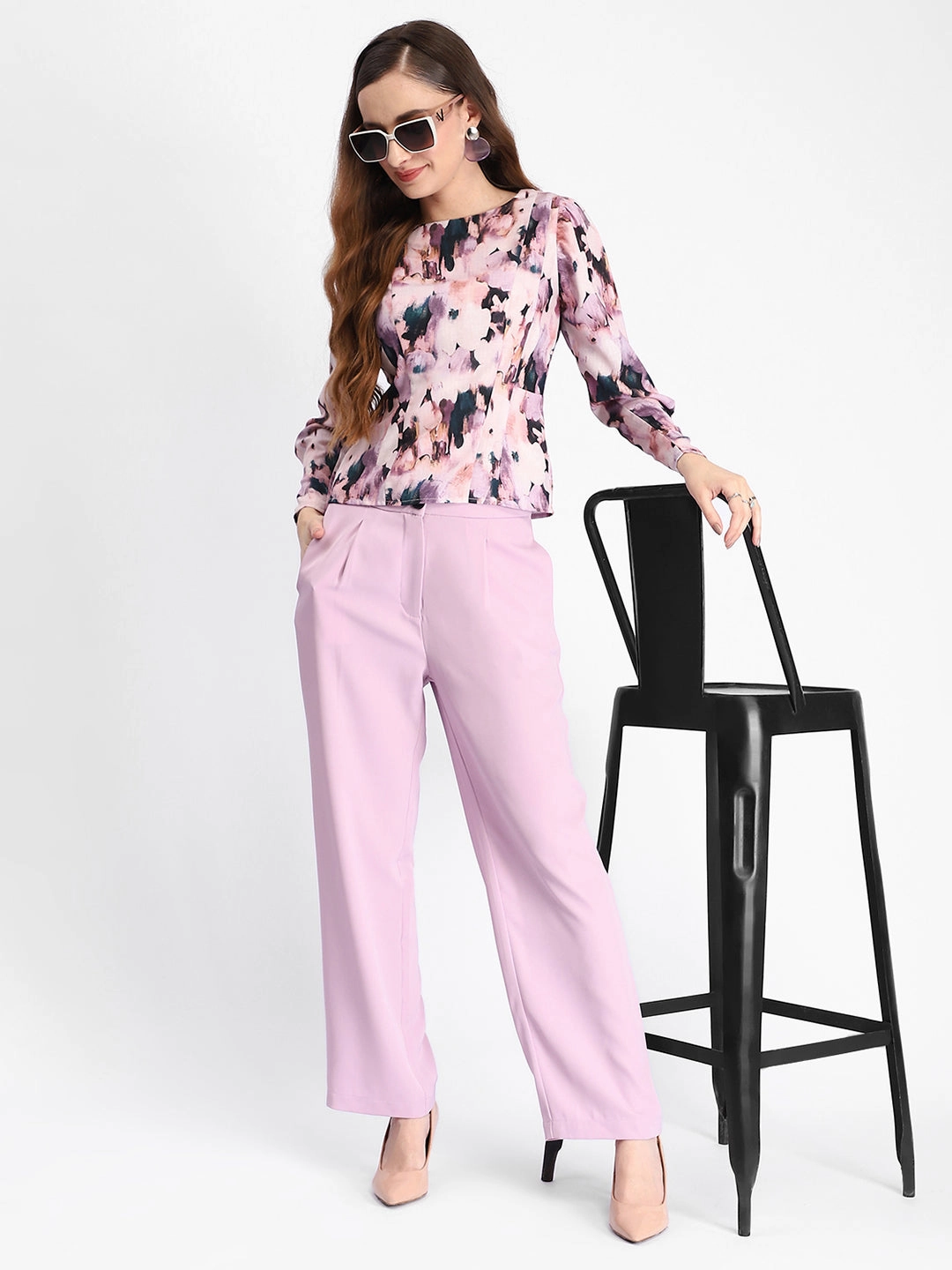 Madame Floral Print Full Sleeve Mauve Rayon Blend Top AntiSnag Fabric