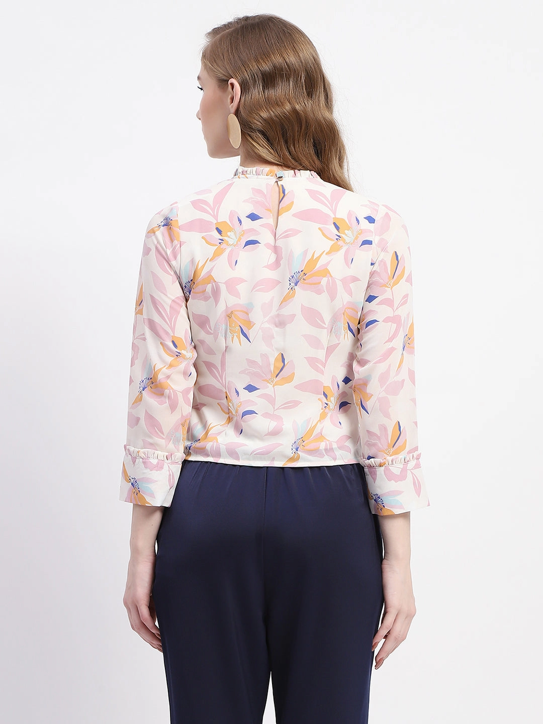 Madame Floral Print Off-White Mock Neck Top EasyCareFabric EcoFriendlyMaterial