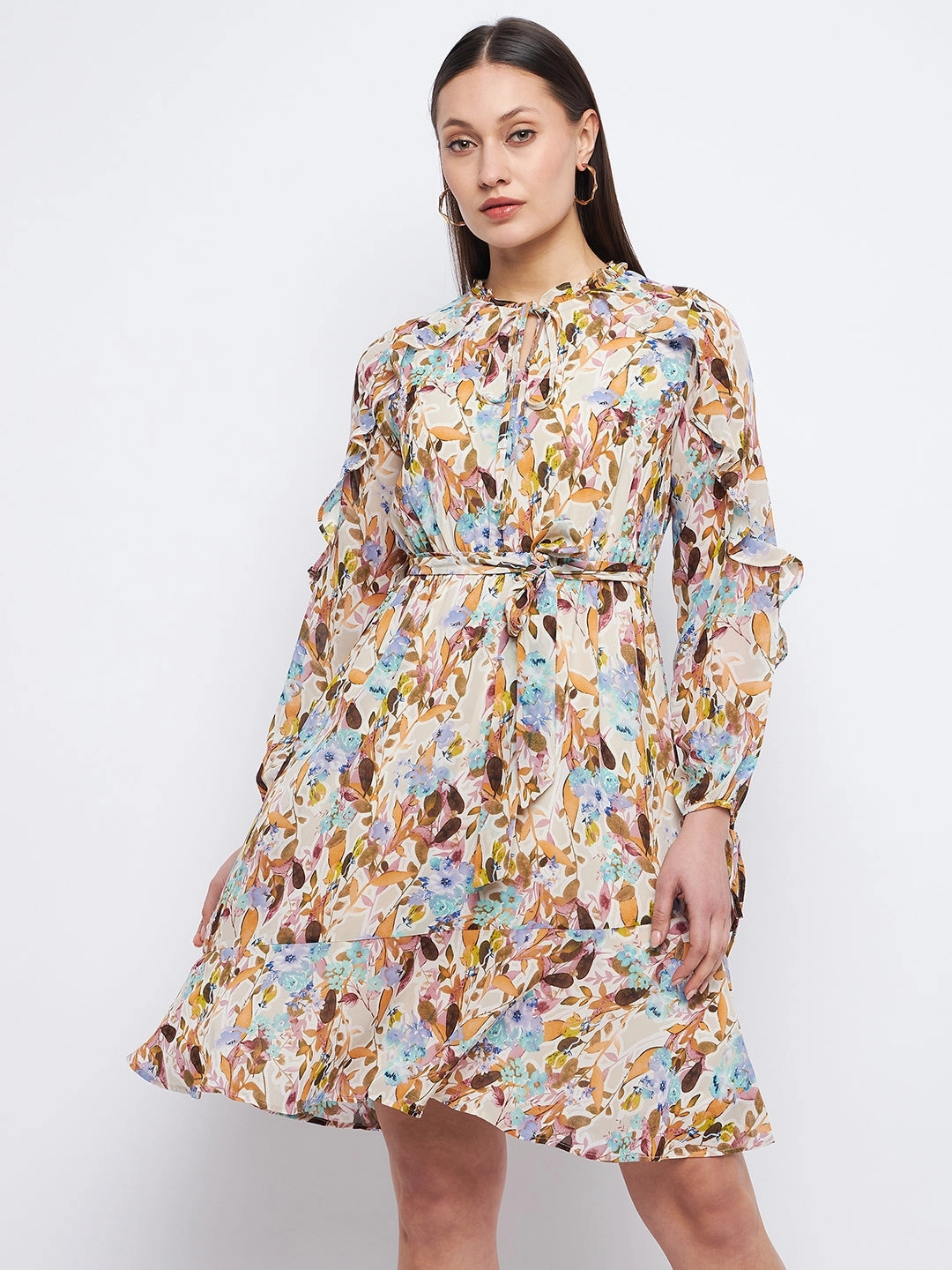 Madame Floral Print Off-White Ruffle Dress Travel-Essential
