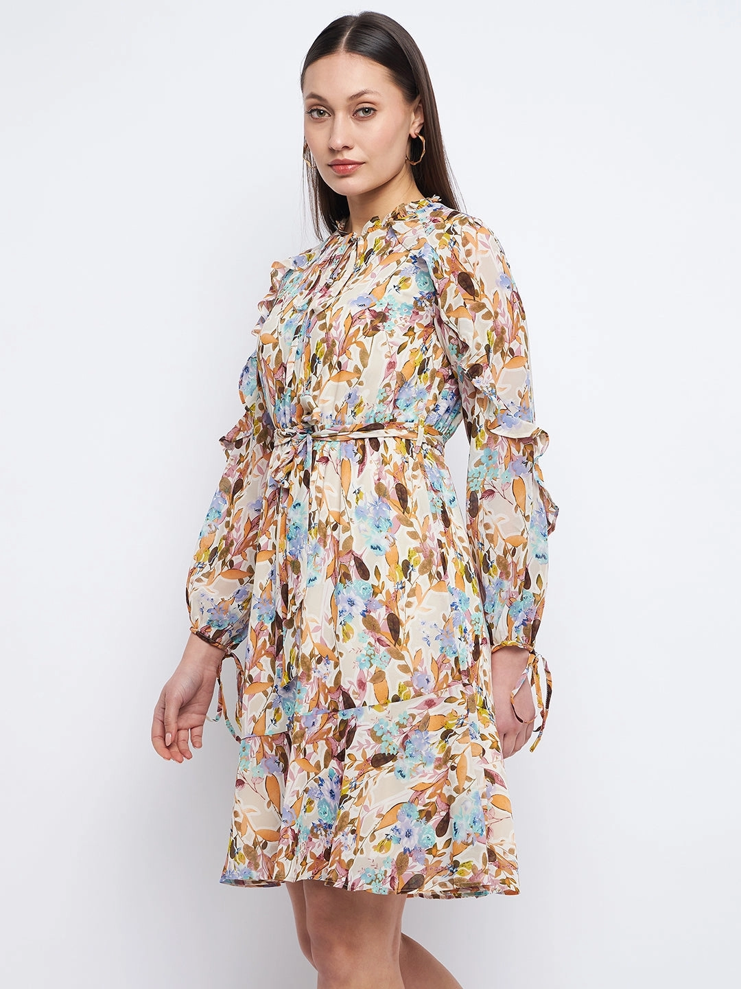 Textured Flow Stretchable Madame Floral Print Off-White Ruffle Dress