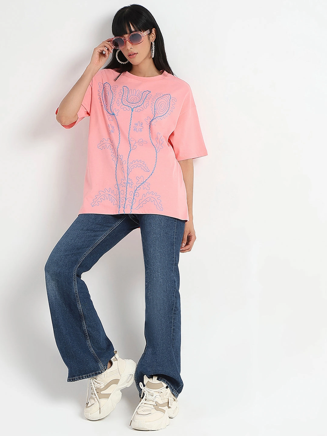 Soft Layers Madame Floral Print Oversize Fit  Peach Cotton T-shirt