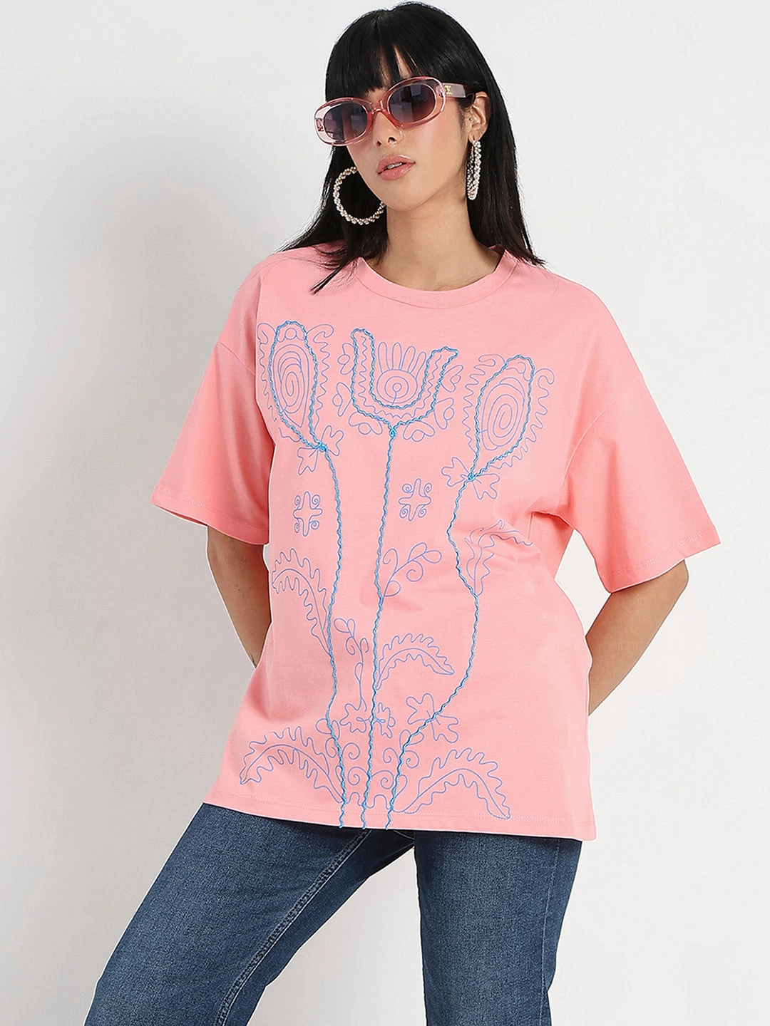 Madame Floral Print Oversize Fit  Peach Cotton T-shirt Non Irritating Collar