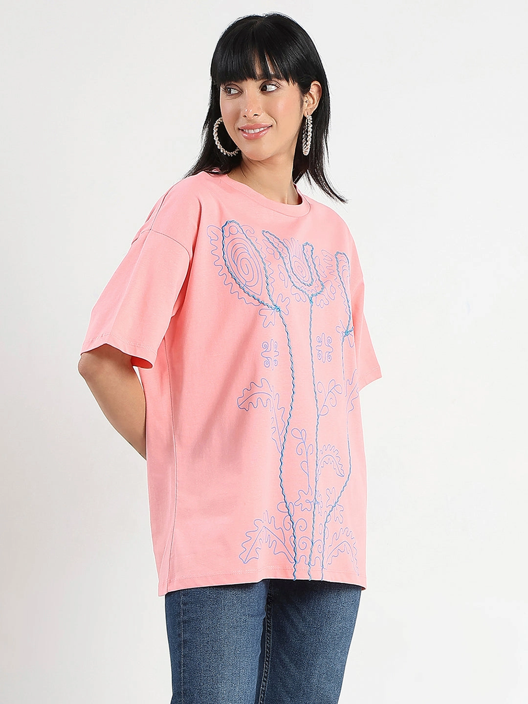 Madame Floral Print Oversize Fit  Peach Cotton T-shirt Urban Style