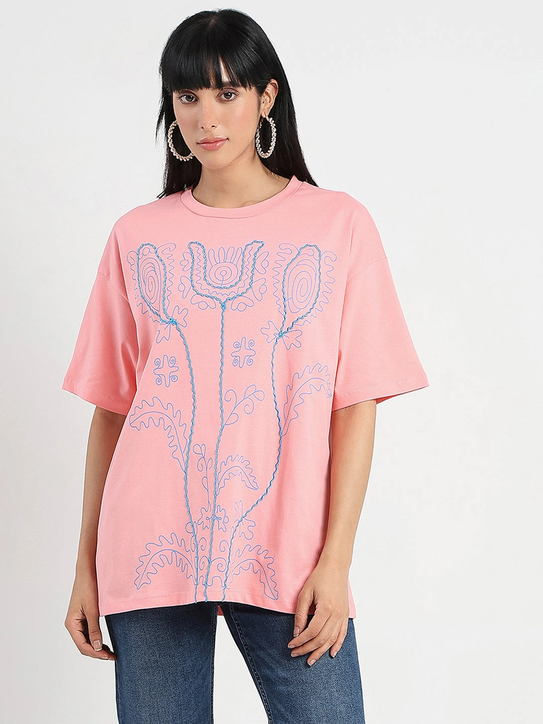 Layer Ready Madame Floral Print Oversize Fit  Peach Cotton T-shirt