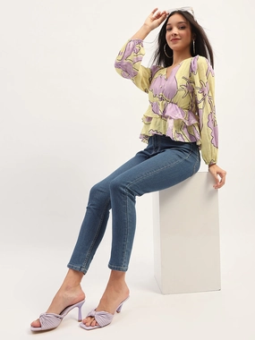 AntiMicrobialLining Madame Floral Print Peplum Lime Top