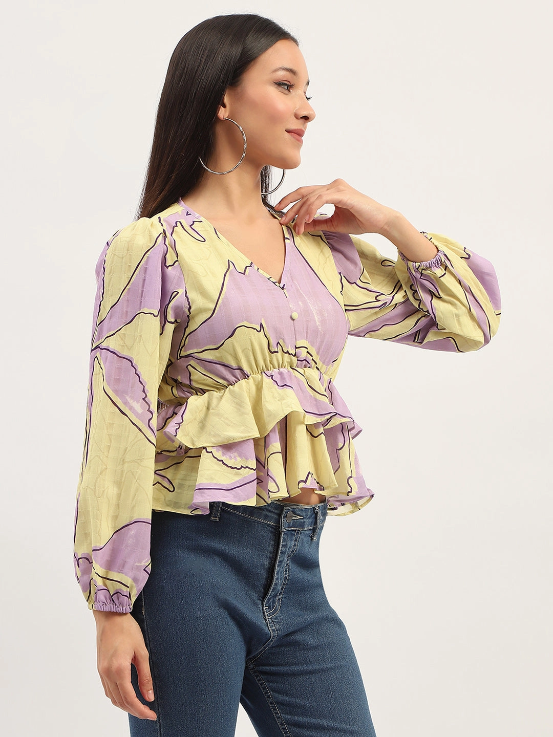 Madame Floral Print Peplum Lime Top Anti Static Cloth Blend Two Tone Texture Effect