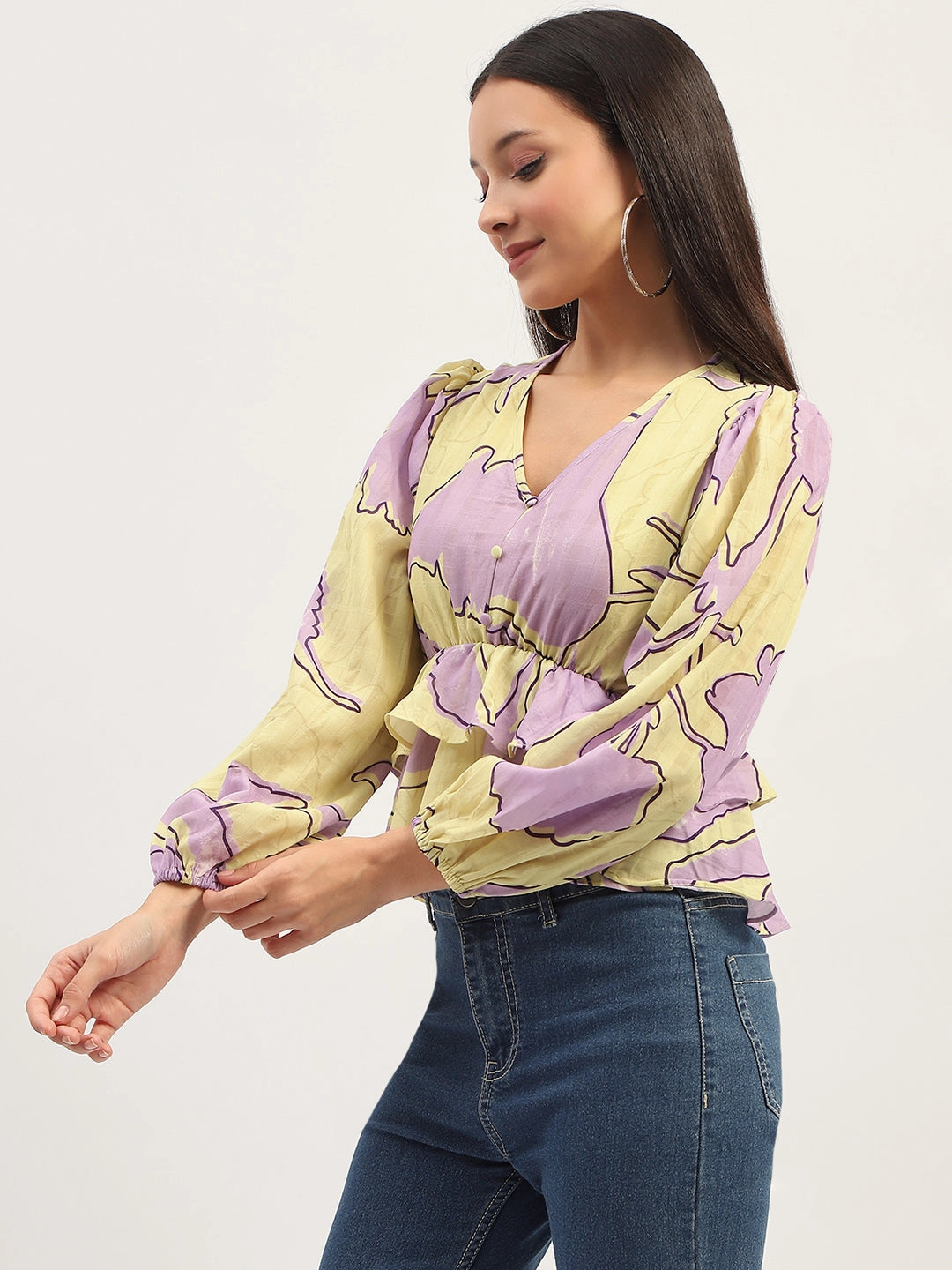 Multi Panel Construction Curved Hemline Madame Floral Print Peplum Lime Top