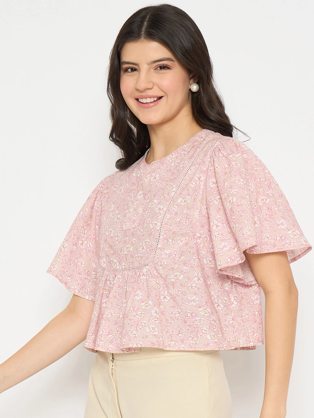VersatileNeckline UV Protection Enhanced Madame Floral Print Pink Cotton Peplum Top