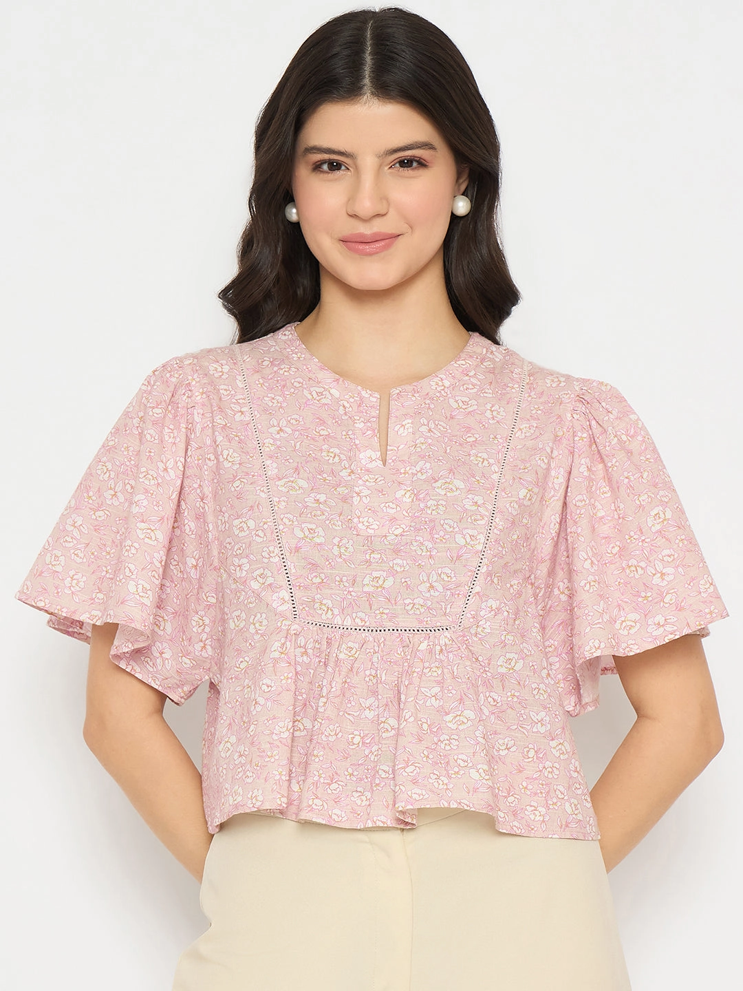 Comfy Style Madame Floral Print Pink Cotton Peplum Top