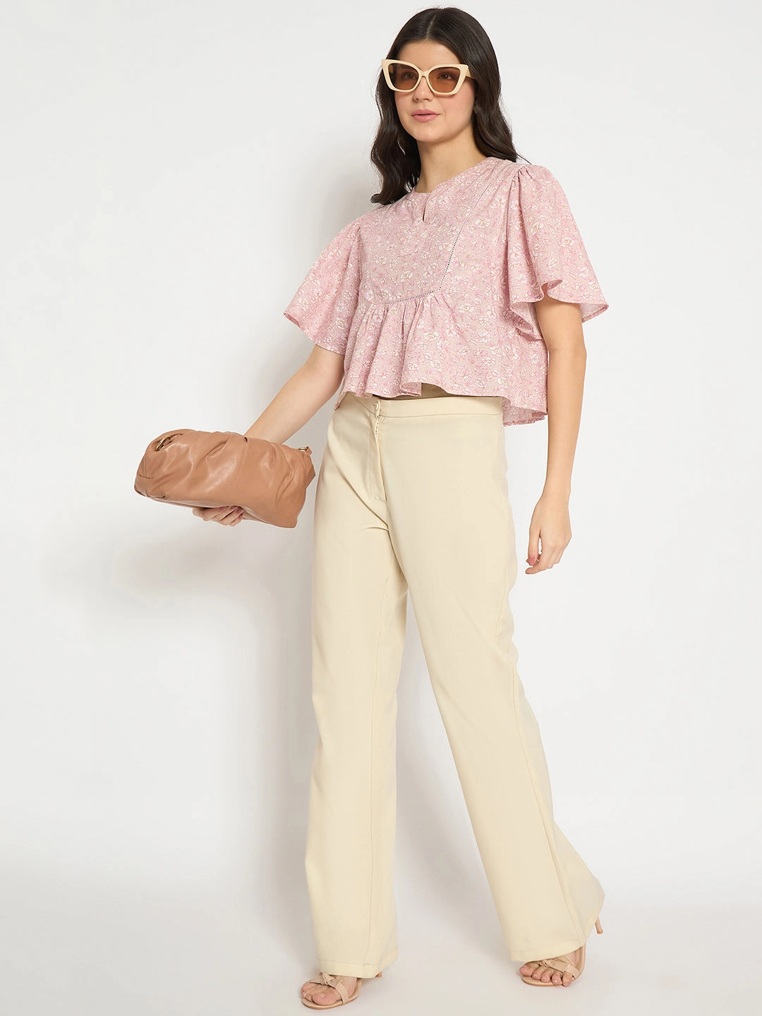 Fun Design Madame Floral Print Pink Cotton Peplum Top