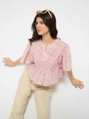 Madame Floral Print Pink Cotton Peplum Top RollUpSleeves