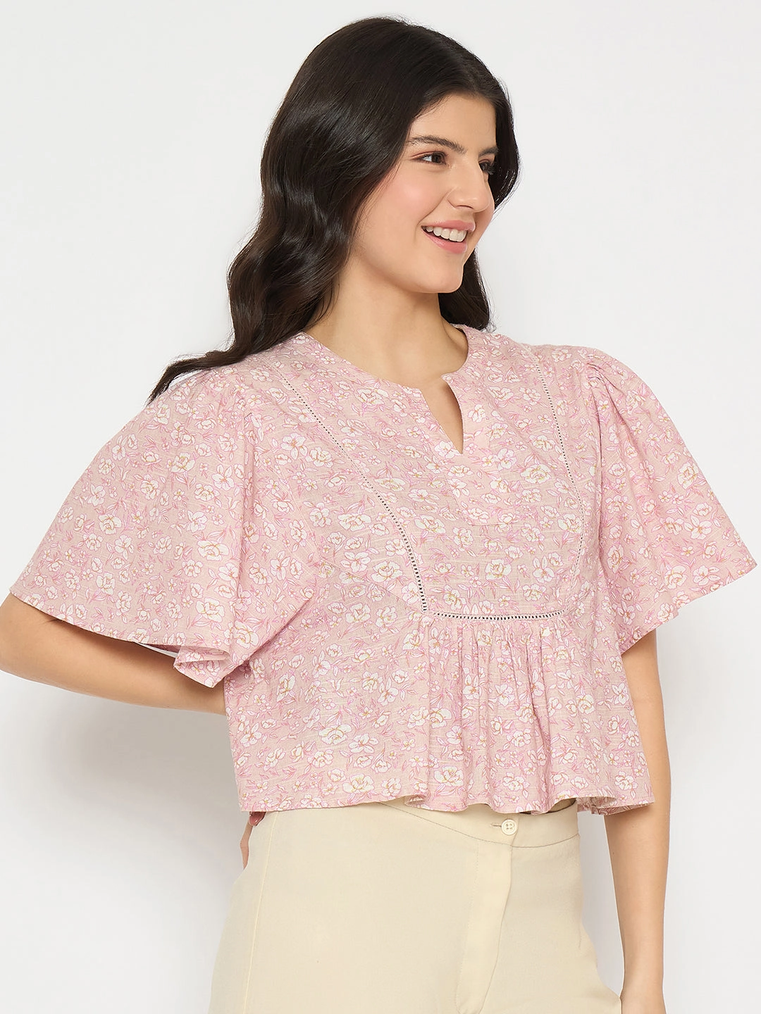 Seamless Design AthleticInspired Madame Floral Print Pink Cotton Peplum Top