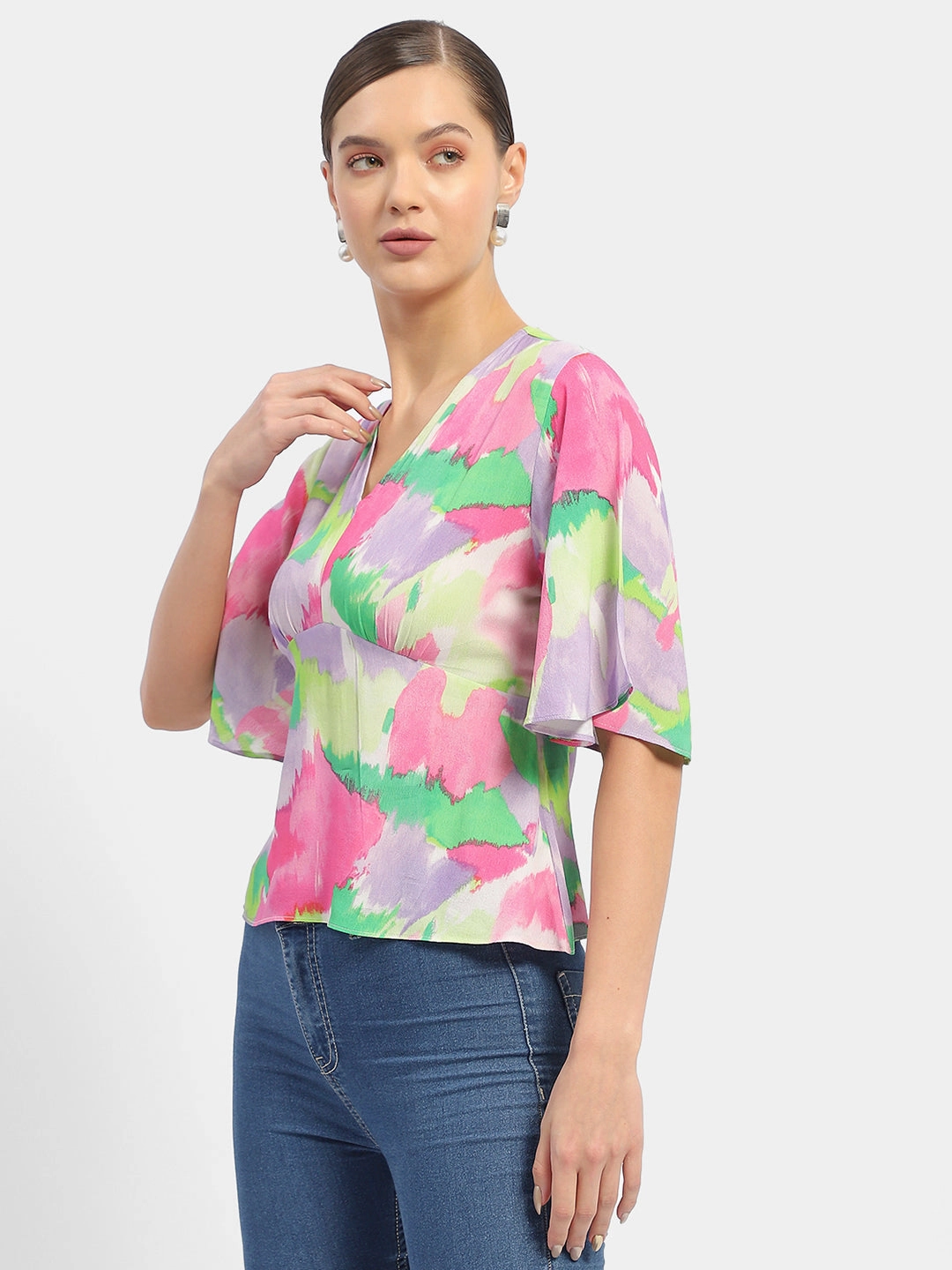 AdjustableDrawstring Multi Panel Construction Madame Floral Print Pink Flutter Sleeve Top