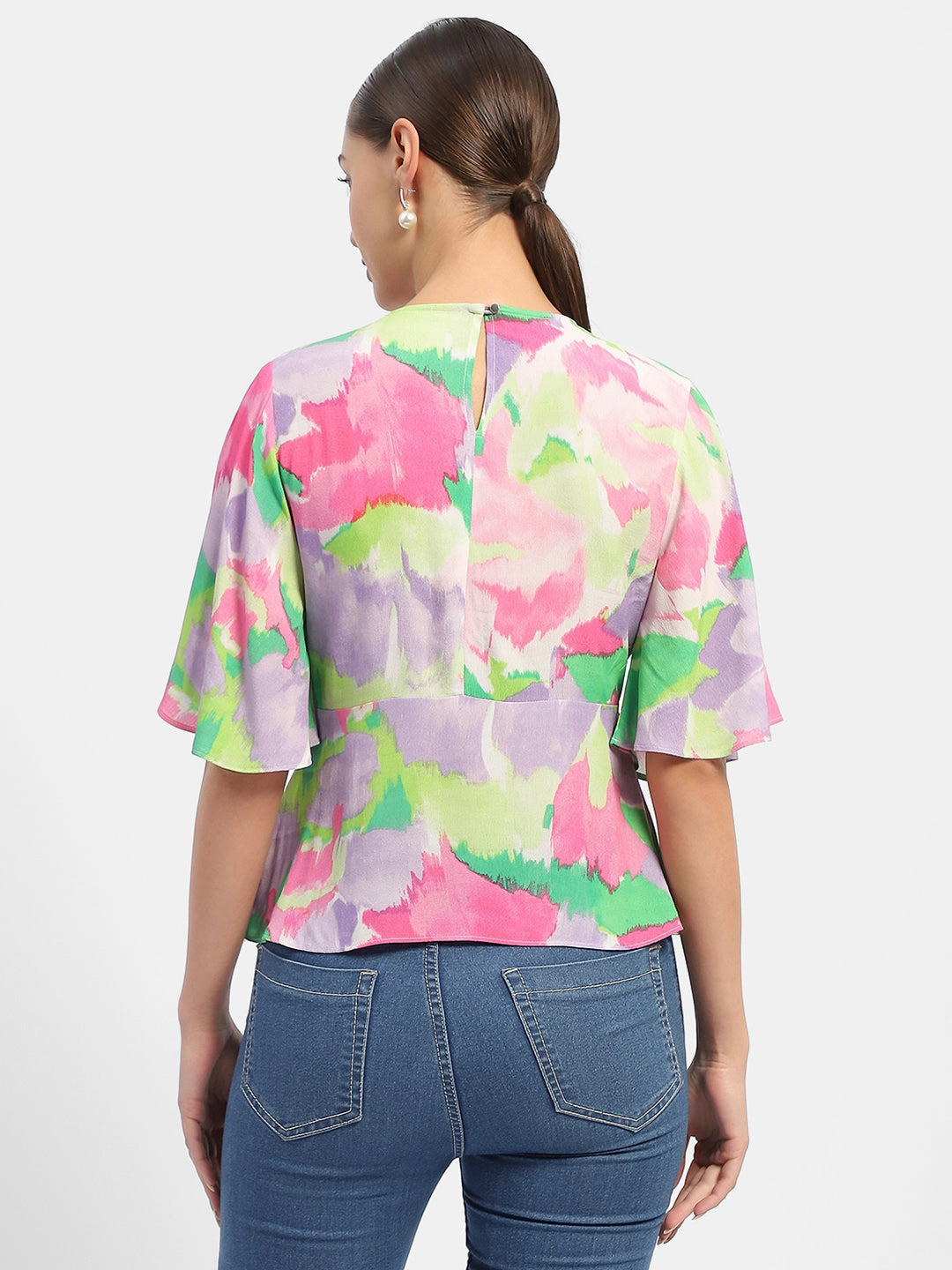 Madame Floral Print Pink Flutter Sleeve Top Cooling Technology BreathableMeshPanel
