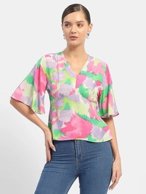 Contoured Side Panels Madame Floral Print Pink Flutter Sleeve Top