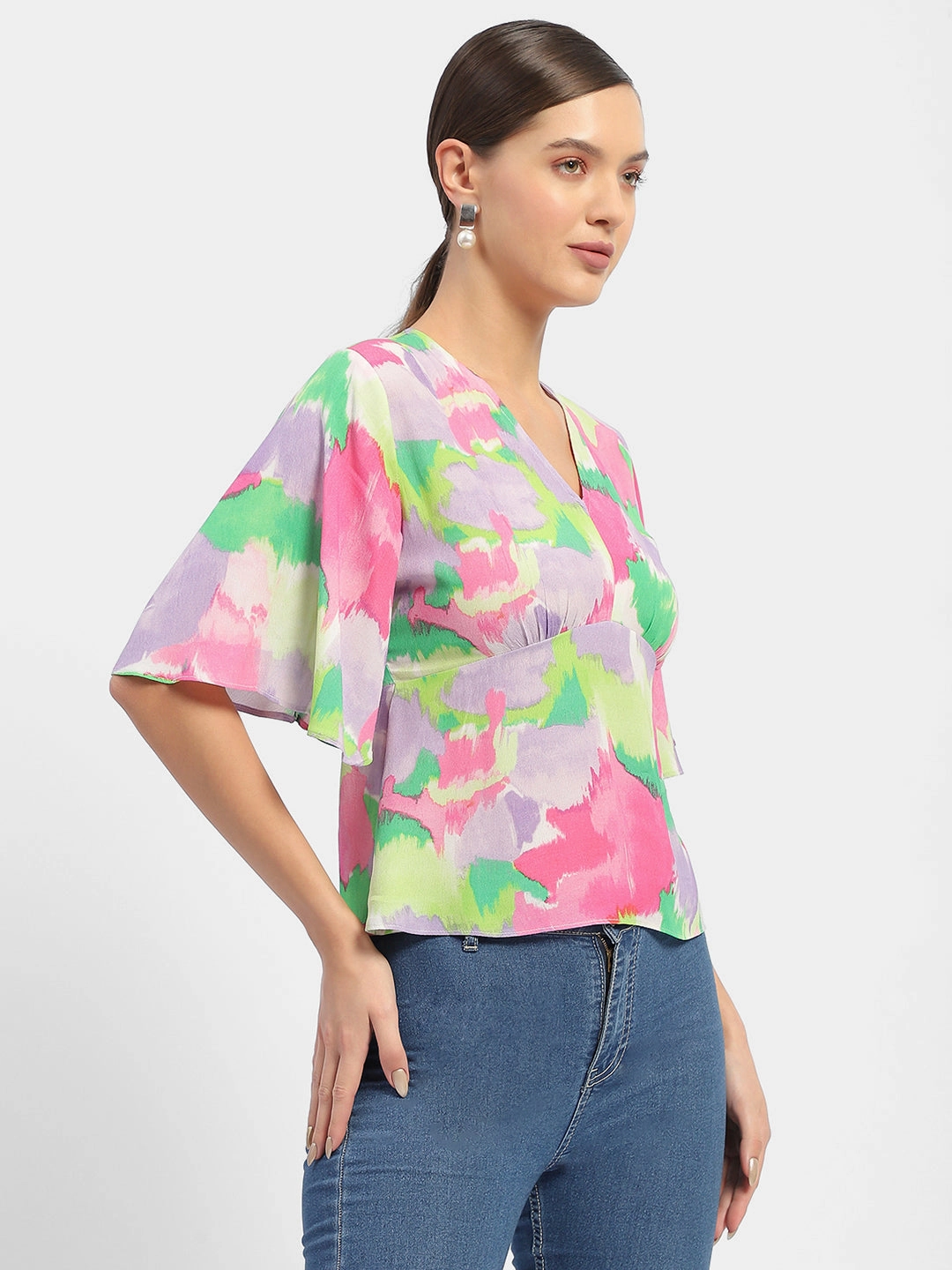 Wool Sweater Madame Floral Print Pink Flutter Sleeve Top