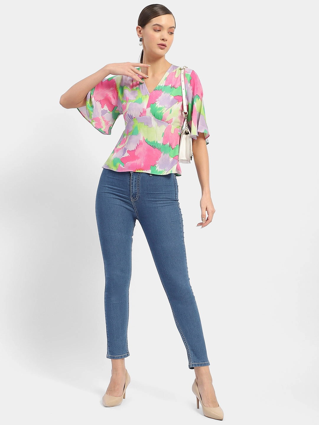 Sporty Blouse Madame Floral Print Pink Flutter Sleeve Top