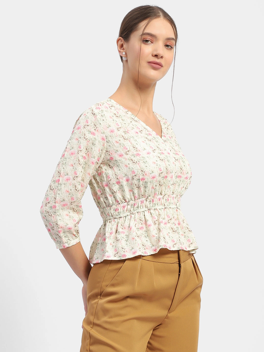 Madame Floral Print Pink Peplum Top Smooth Zipper Integration Relaxed Fit Shirt