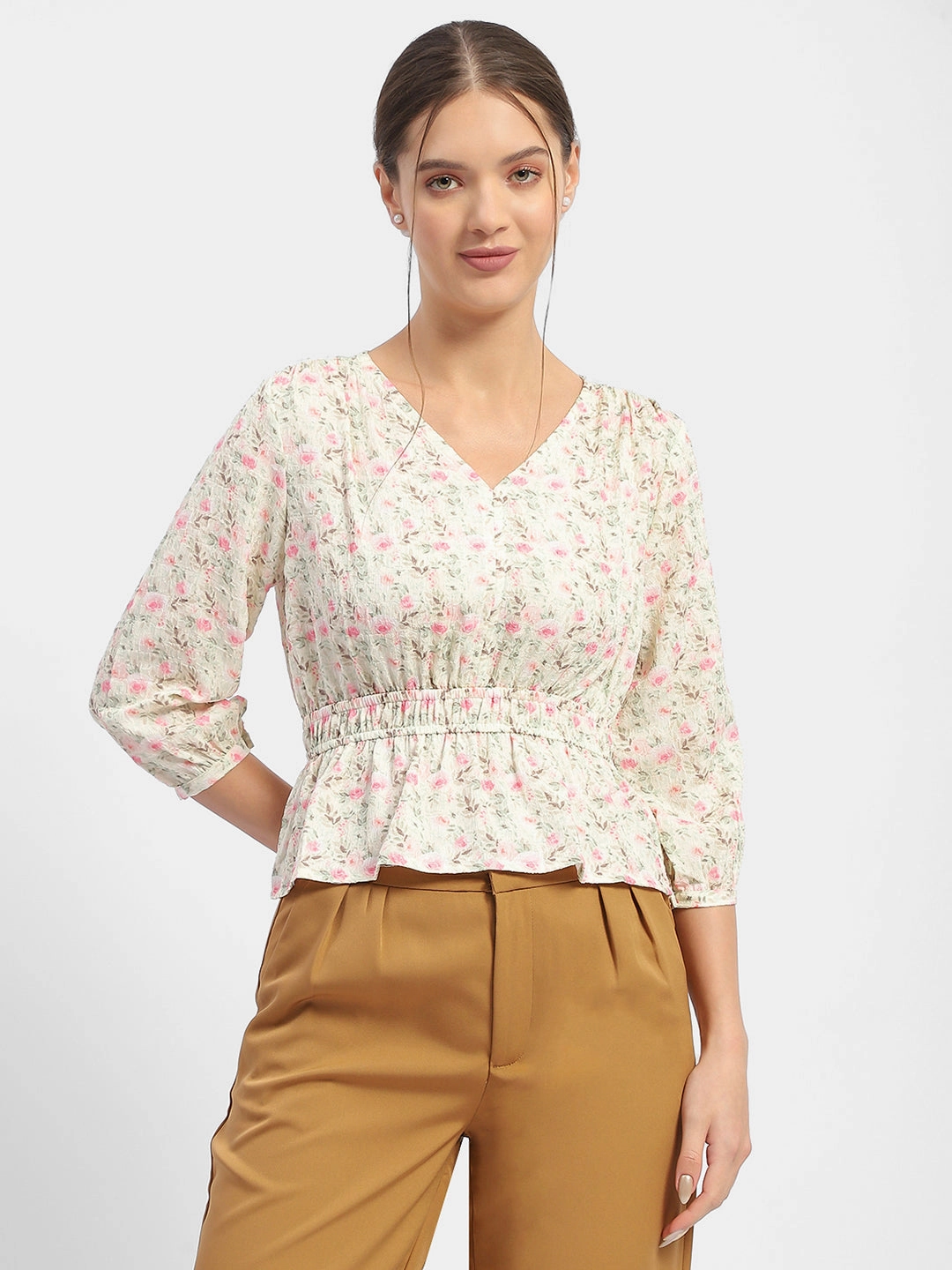 Casual Sweater Fashionable Fit Madame Floral Print Pink Peplum Top