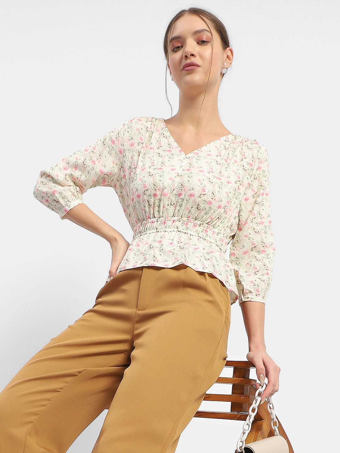 Easy to Wear QuickDry Texture Madame Floral Print Pink Peplum Top