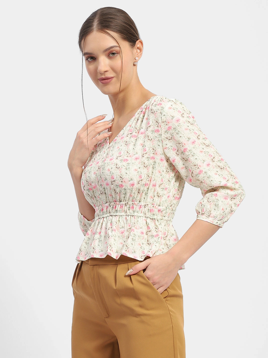 Madame Floral Print Pink Peplum Top OversizedFit LowMaintenance