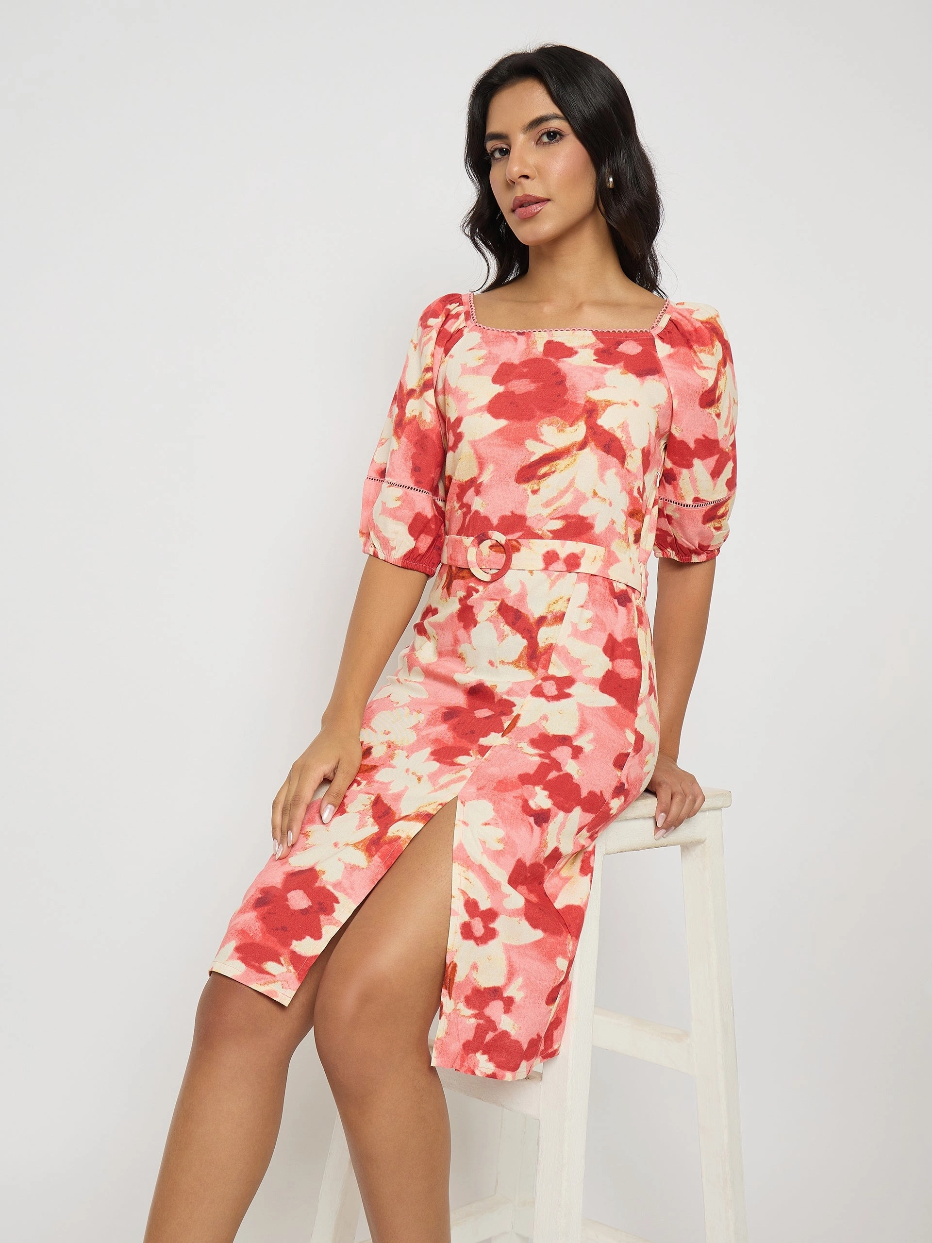 Party Floral Madame Floral Print Ruched Bodycon Coral Dress